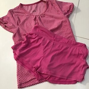 Lands End Rash Guard Swim Shorts Set Girls Sz 6 Pink White Polka Dots